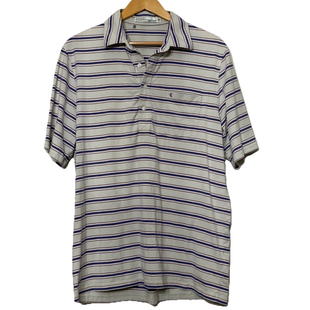Criquet Polo Shirt Mens L Gray Purple Striped Peruvian Pima Cotton Golf Preppy